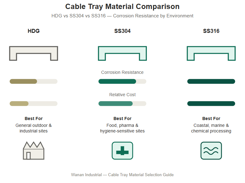 HDG vs SS304 vs SS316 cable tray material comparison.png