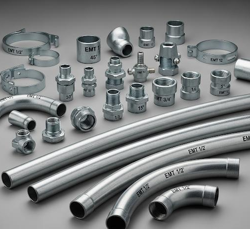 Galvanized steel conduit fittings including elbows, couplings, straps and electrical boxes..png