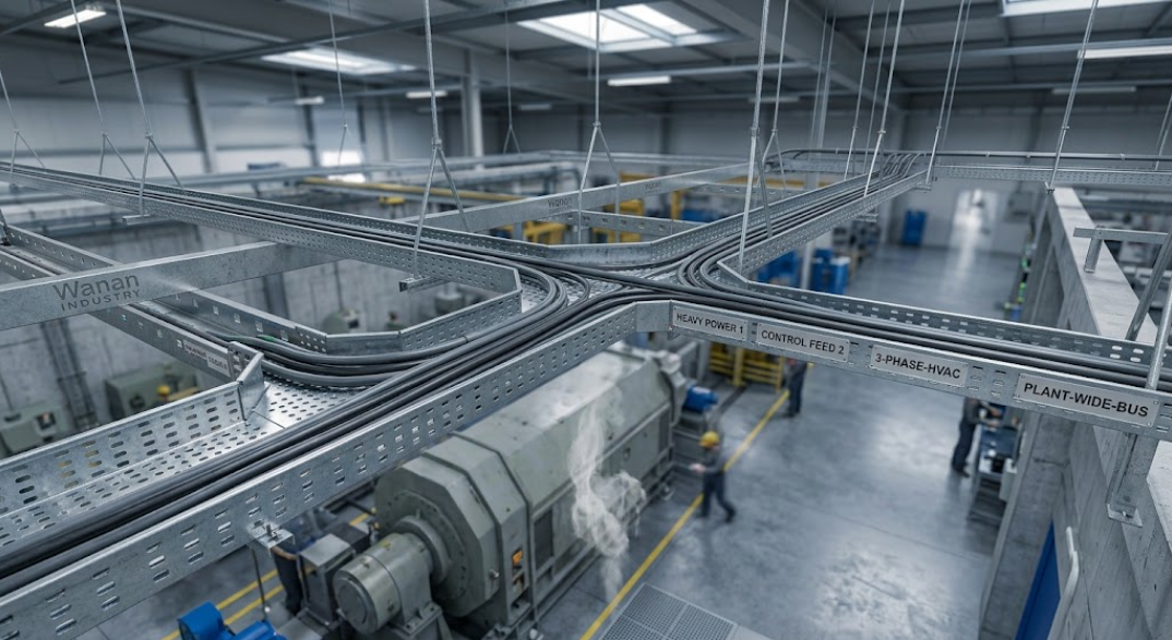 Perforated Steel Cable Tray with Power Cables in Industrial Facility - Wanan Industrial.jpg