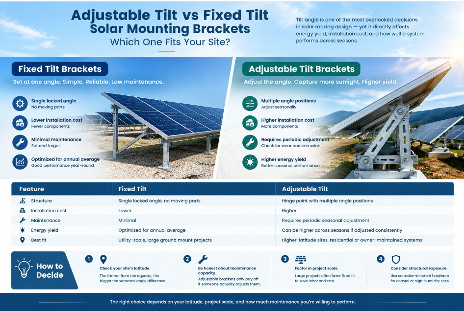 Adjustable Tilt vs Fixed Tilt Solar Mounting Brackets: Which One Fits Your Site?